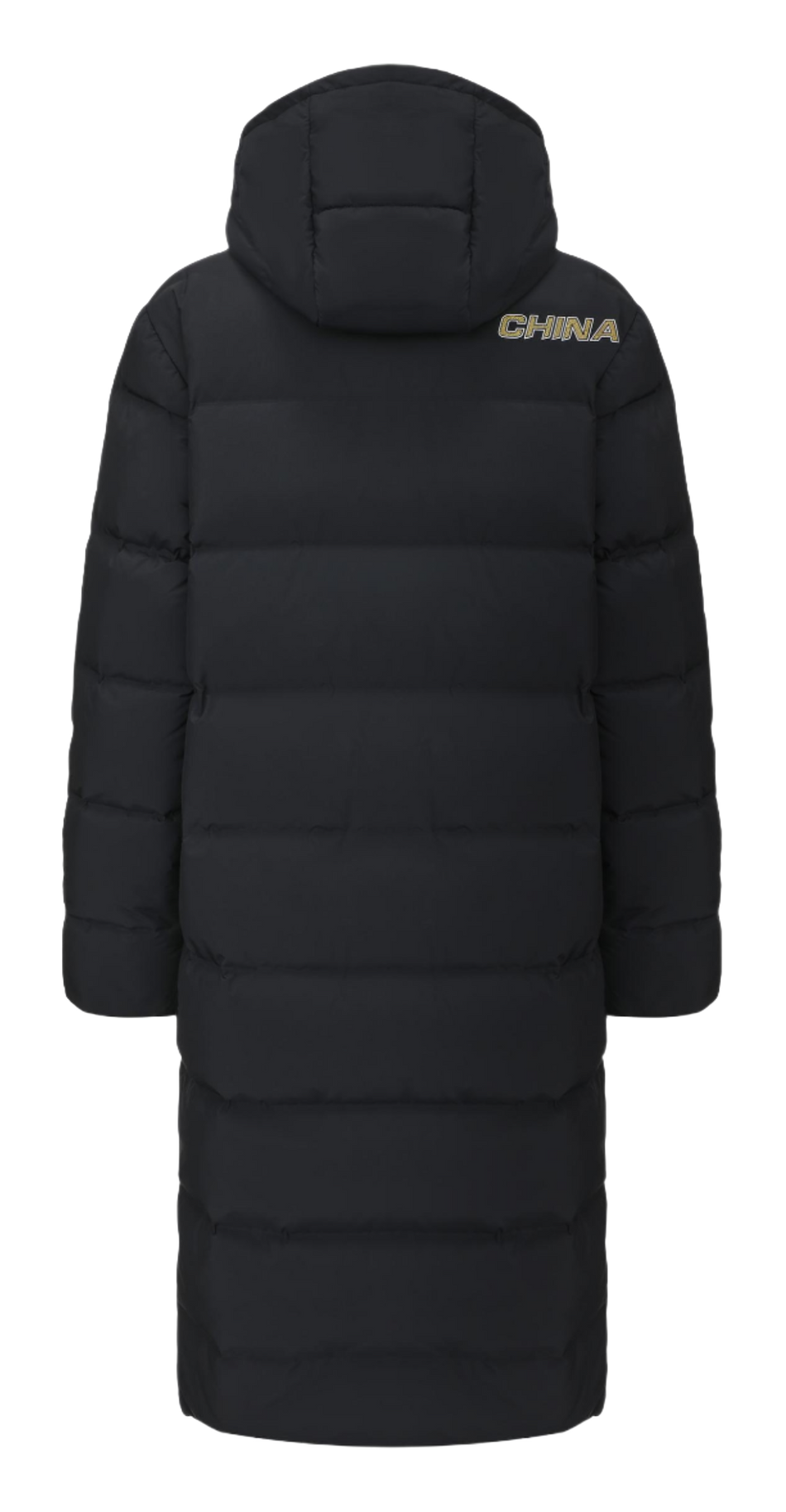 Black long down jacket back view with hood and CHINA logo