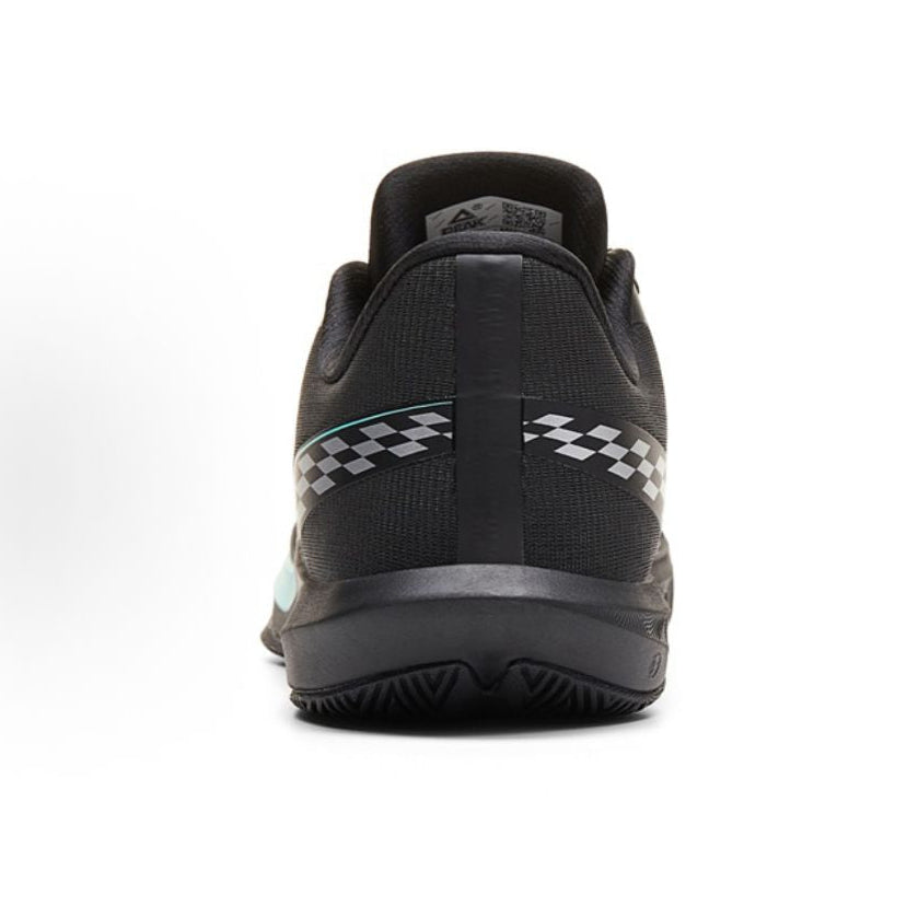 Black basketball shoe heel with checkered strap and cushioned padded collar