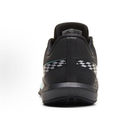 Black basketball shoe heel with checkered strap and cushioned padded collar
