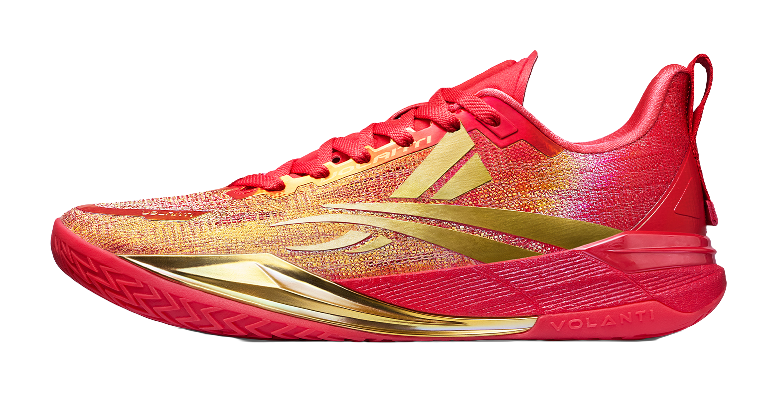 Low top basketball shoes in red with gold-and-blue accents, lace-up fit.