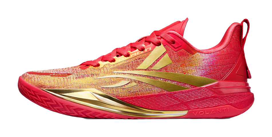 Low top basketball shoes in red with gold-and-blue accents, lace-up fit.
