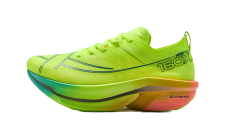 Neon green low-top running shoes with lace-up mesh upper and side branding