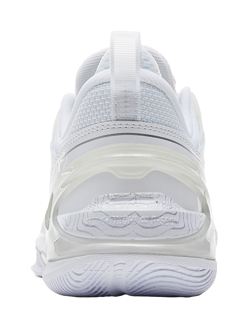 White and silver basketball shoe heel with padded collar, mesh back panel, and thick outsole
