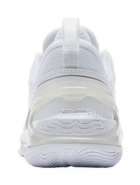 White and silver basketball shoe heel with padded collar, mesh back panel, and thick outsole