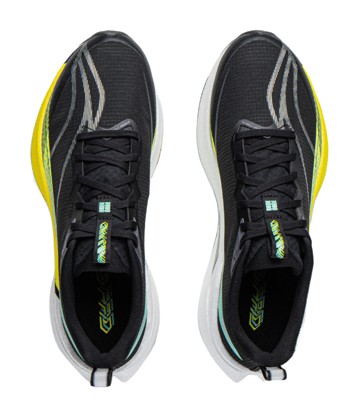 Unisex running shoe pair, black knit uppers with black laces, yellow edge trim, white sole