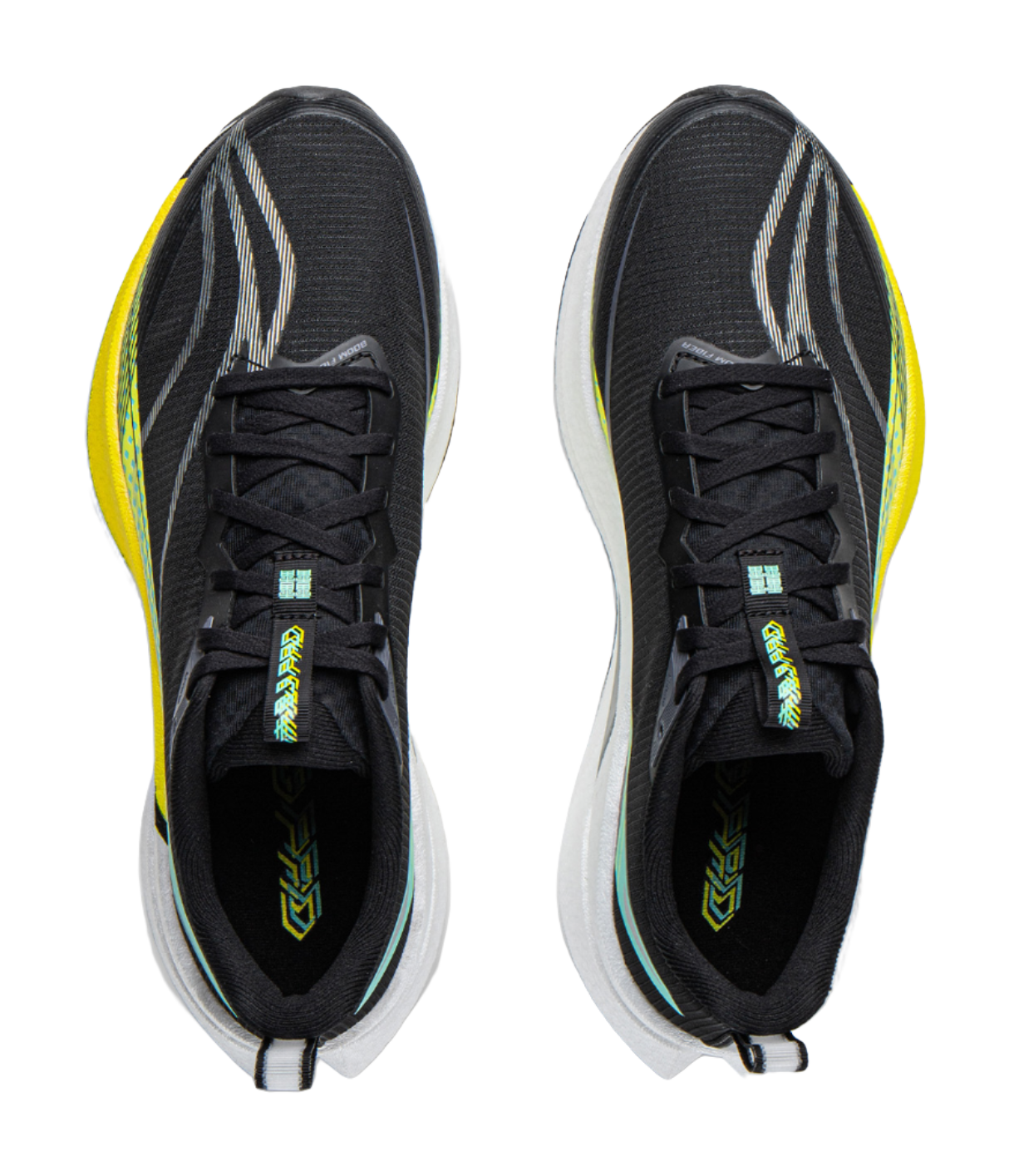 Unisex running shoe pair, black knit uppers with black laces, yellow edge trim, white sole