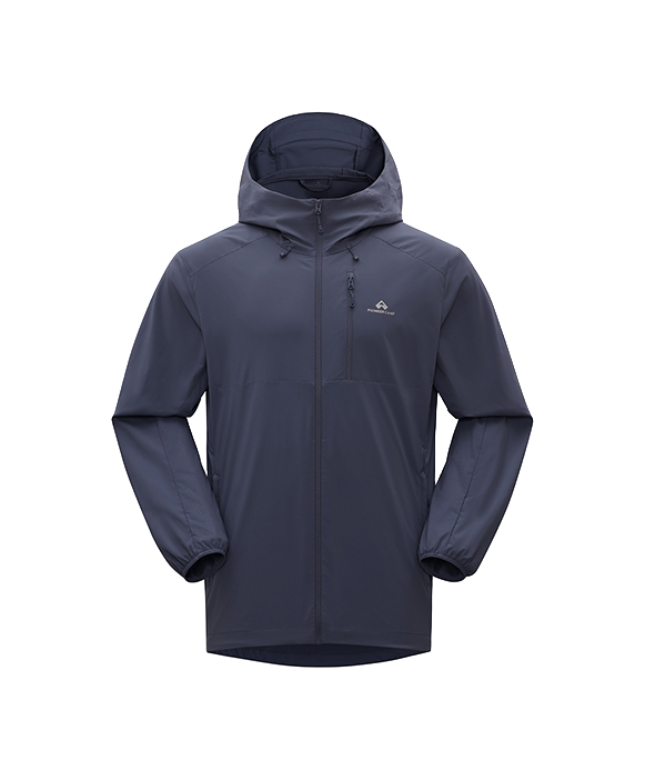 Men's hooded sun jacket in dark navy with full-length front zipper
