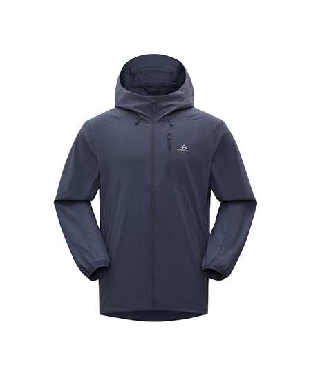 Men's hooded sun jacket in dark navy with full-length front zipper