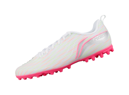 Youth multi-ground soccer shoe angled side view, white upper with pink outsole