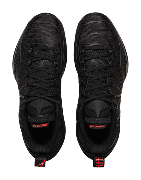 Pair of black lace-up basketball shoes with padded tongue and logo heel tabs