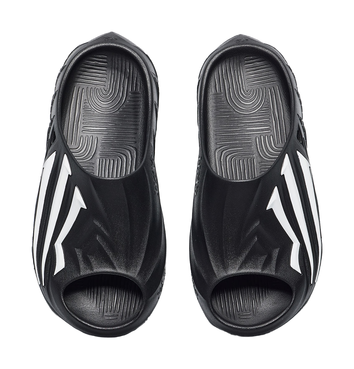 Pair of men's black slide slippers showing textured insole with white accents