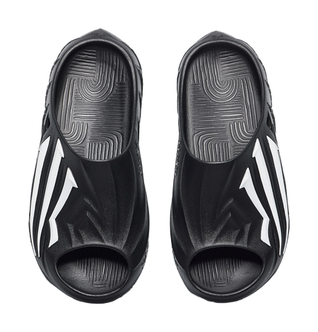 Pair of men's black slide slippers showing textured insole with white accents