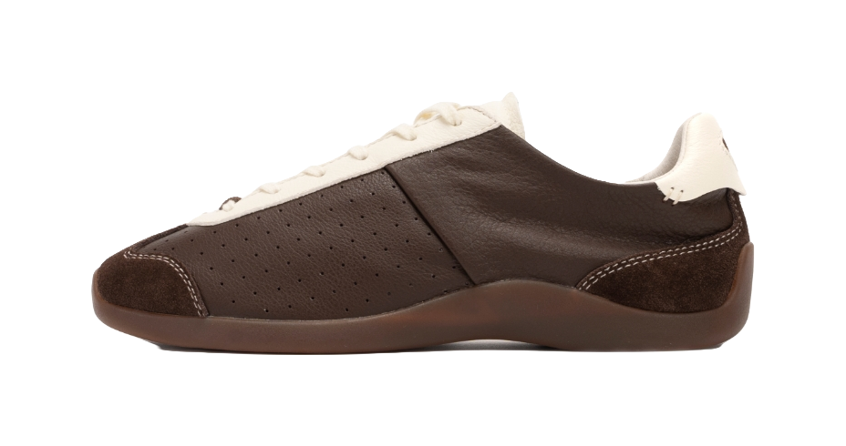 Brown and antique white low-top sneakers with lace-up closure, perforated panels, and suede overlays.