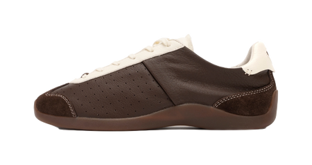 Brown and antique white low-top sneakers with lace-up closure, perforated panels, and suede overlays.