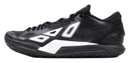 Low-top basketball shoes, black knit upper with white logo panels and lace-up front