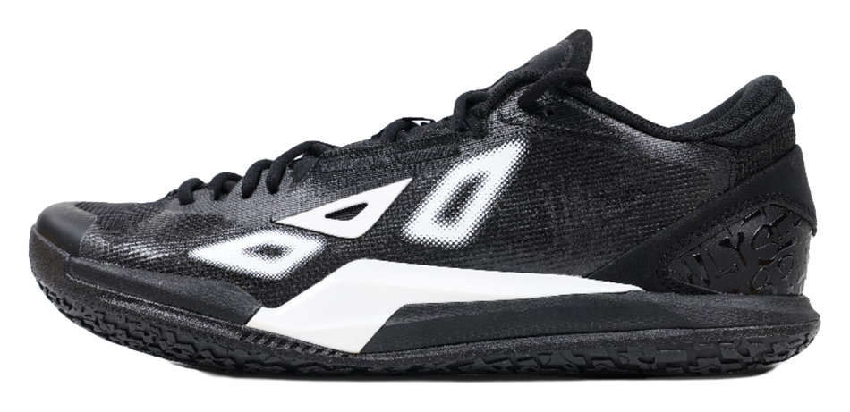 Low-top basketball shoes, black knit upper with white logo panels and lace-up front