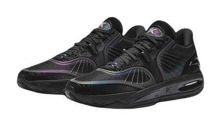 Pair of black basketball shoes with lace-up design, purple accent panels, and air-cushion sole
