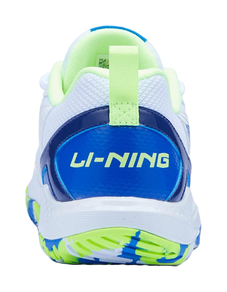 Badminton shoe heel with blue strap, neon green Li-Ning logo, cushioned collar