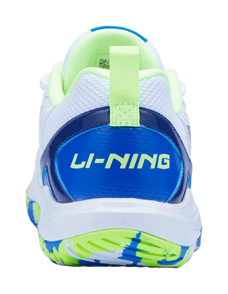 Badminton shoe heel with blue strap, neon green Li-Ning logo, cushioned collar