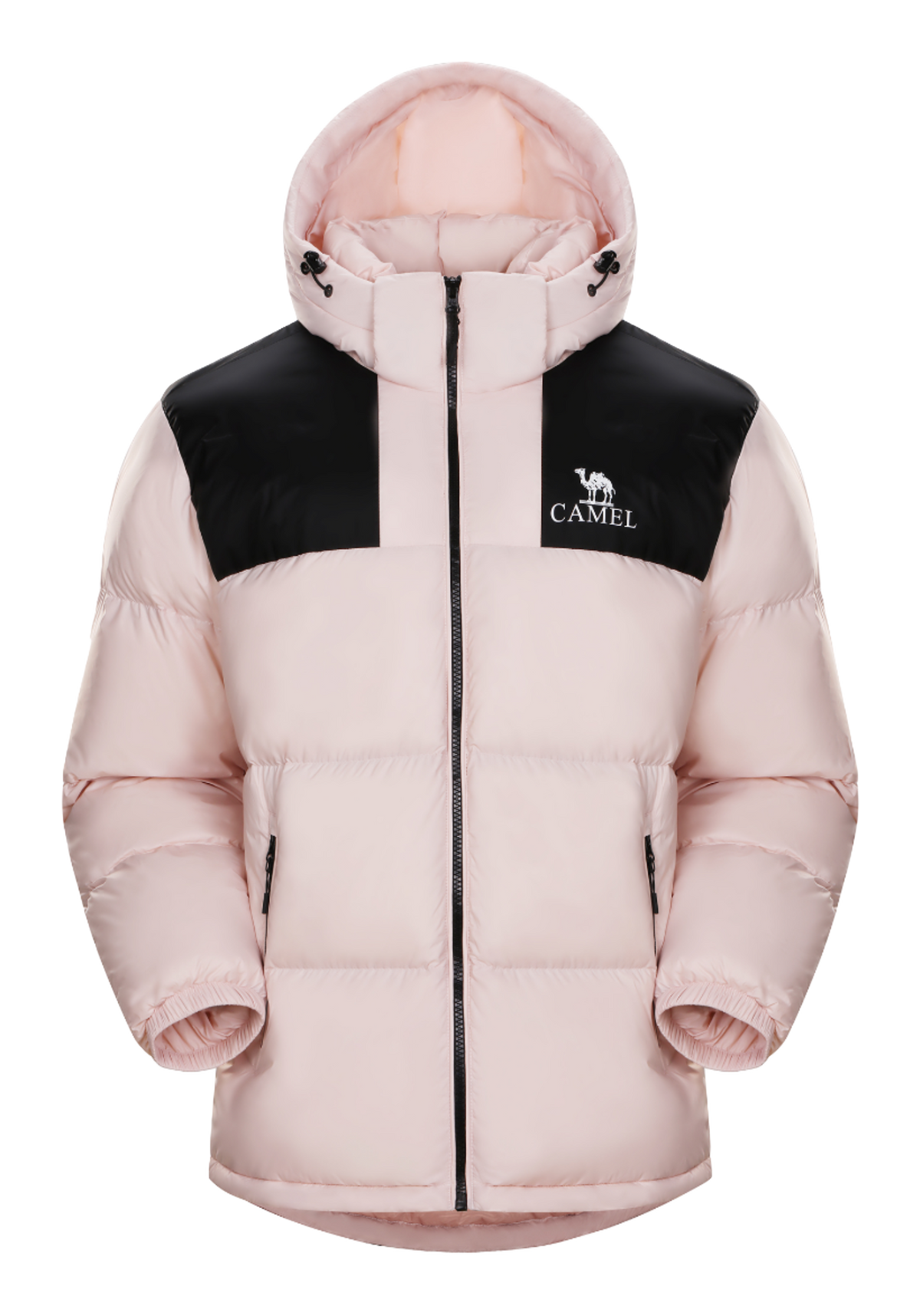 Pink and black color-block hooded puffer jacket with CAMEL logo, full zip.