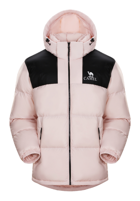 Pink and black color-block hooded puffer jacket with CAMEL logo, full zip.