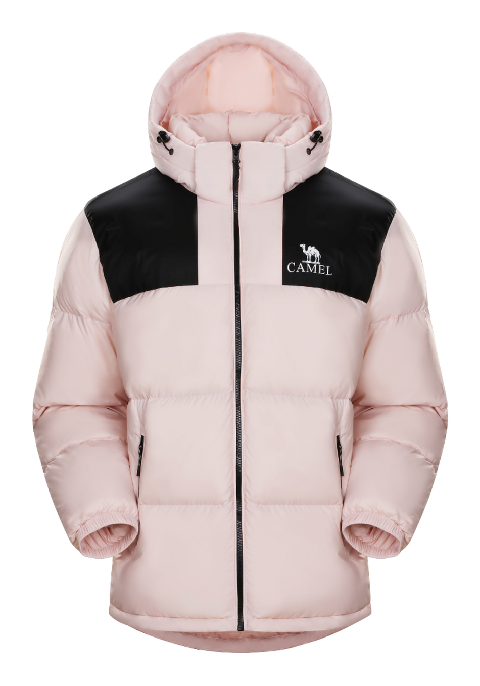 Pink and black color-block hooded puffer jacket with CAMEL logo, full zip.