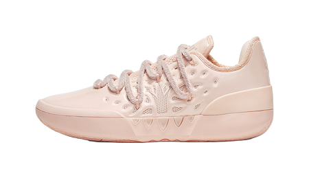 Soft pink low basketball shoe, lace-up with textured paneling and padded collar