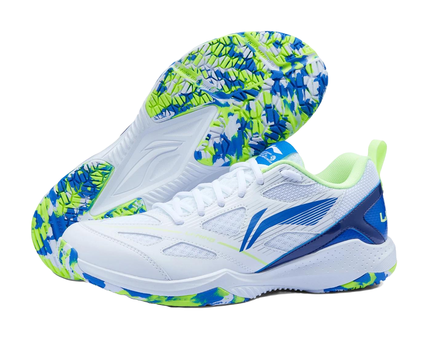White badminton shoe with blue side stripe and neon green speckled outsole, lace-up