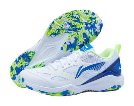 White badminton shoe with blue side stripe and neon green speckled outsole, lace-up