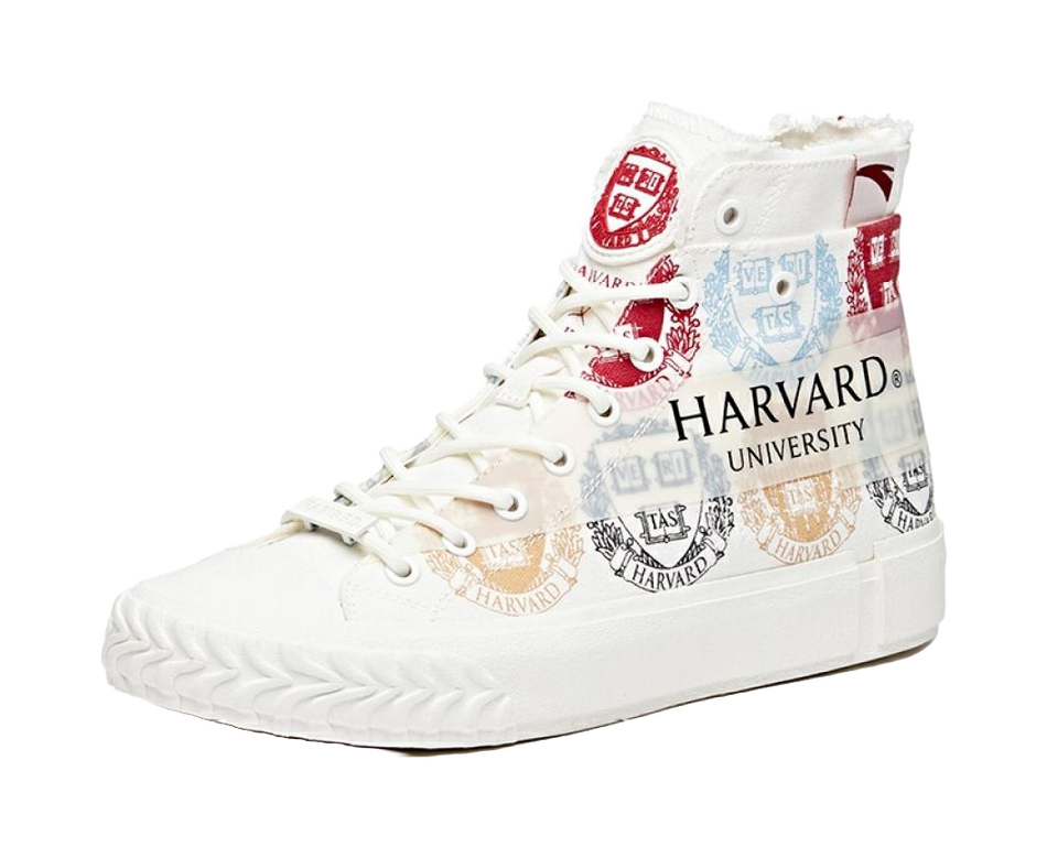 White high-top canvas sneakers, side view with Harvard University text and red accents