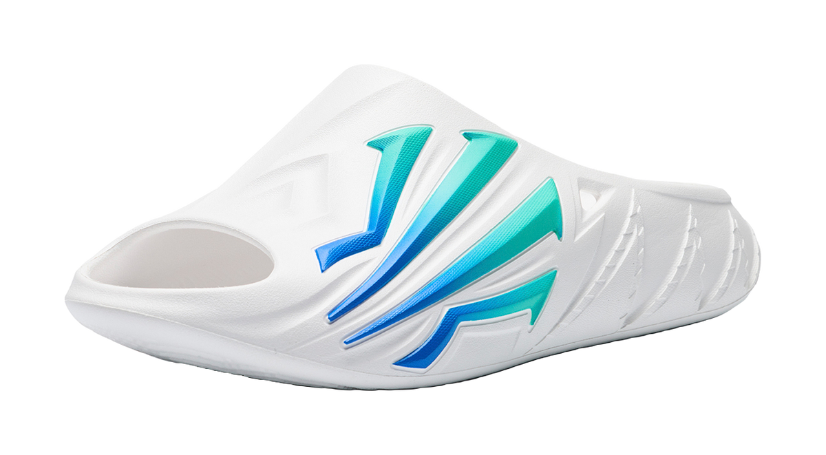 Men's white slide sandals, side view, blue and teal green accent stripes