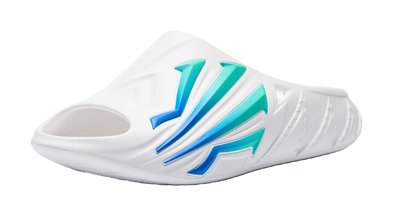 Men's white slide sandals, side view, blue and teal green accent stripes