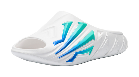 Men's white slide sandals, side view, blue and teal green accent stripes