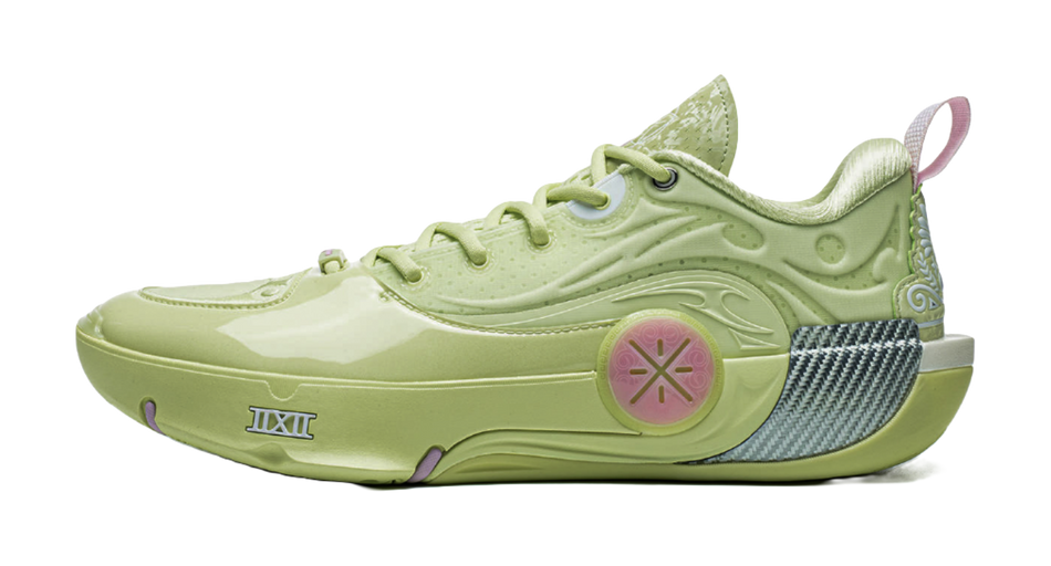 Unisex basketball shoe in light green with blue side panel and pink heel accent
