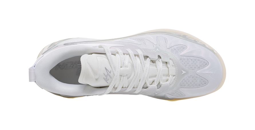 White basketball shoes with patterned upper and lace-up closure