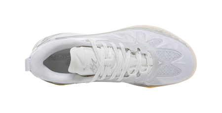 White basketball shoes with patterned upper and lace-up closure