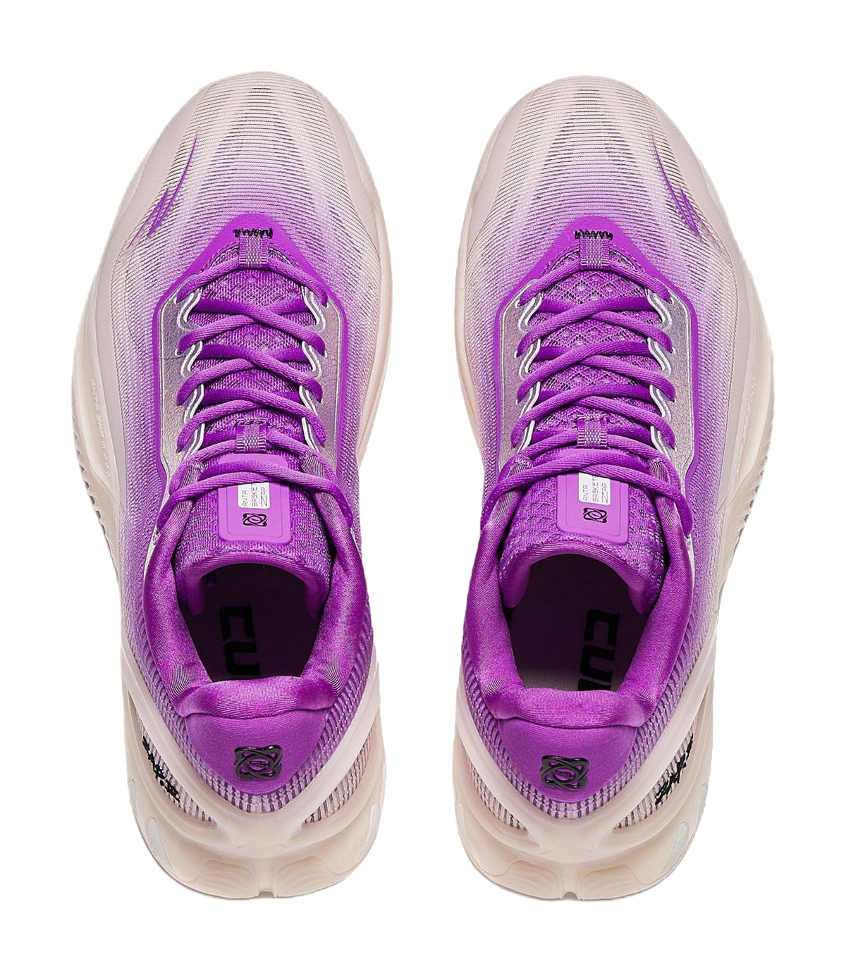 Purple and white basketball shoes, front view, padded tongue with lace-up eyelets