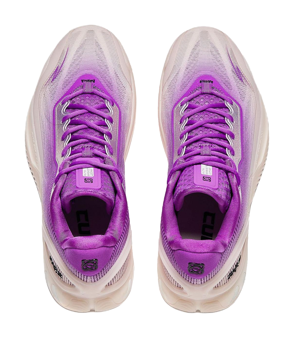 Purple and white basketball shoes, front view, padded tongue with lace-up eyelets