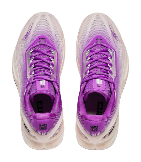 Purple and white basketball shoes, front view, padded tongue with lace-up eyelets