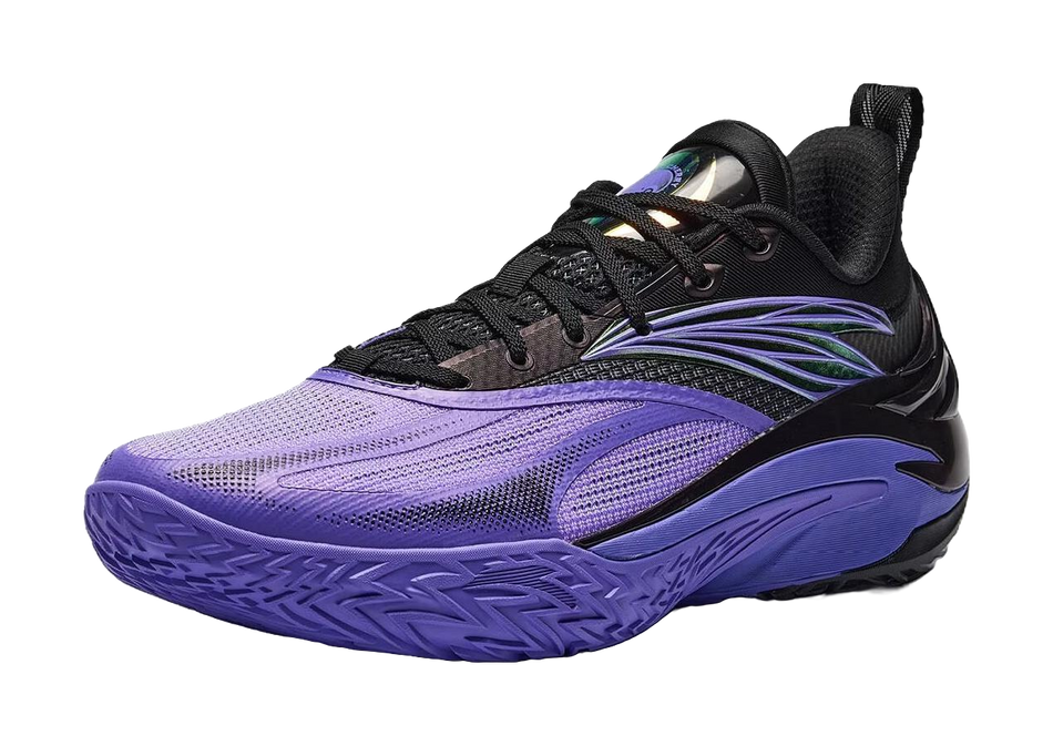 Anta Shock Wave 8 lace-up basketball shoe, purple upper with black heel and accents