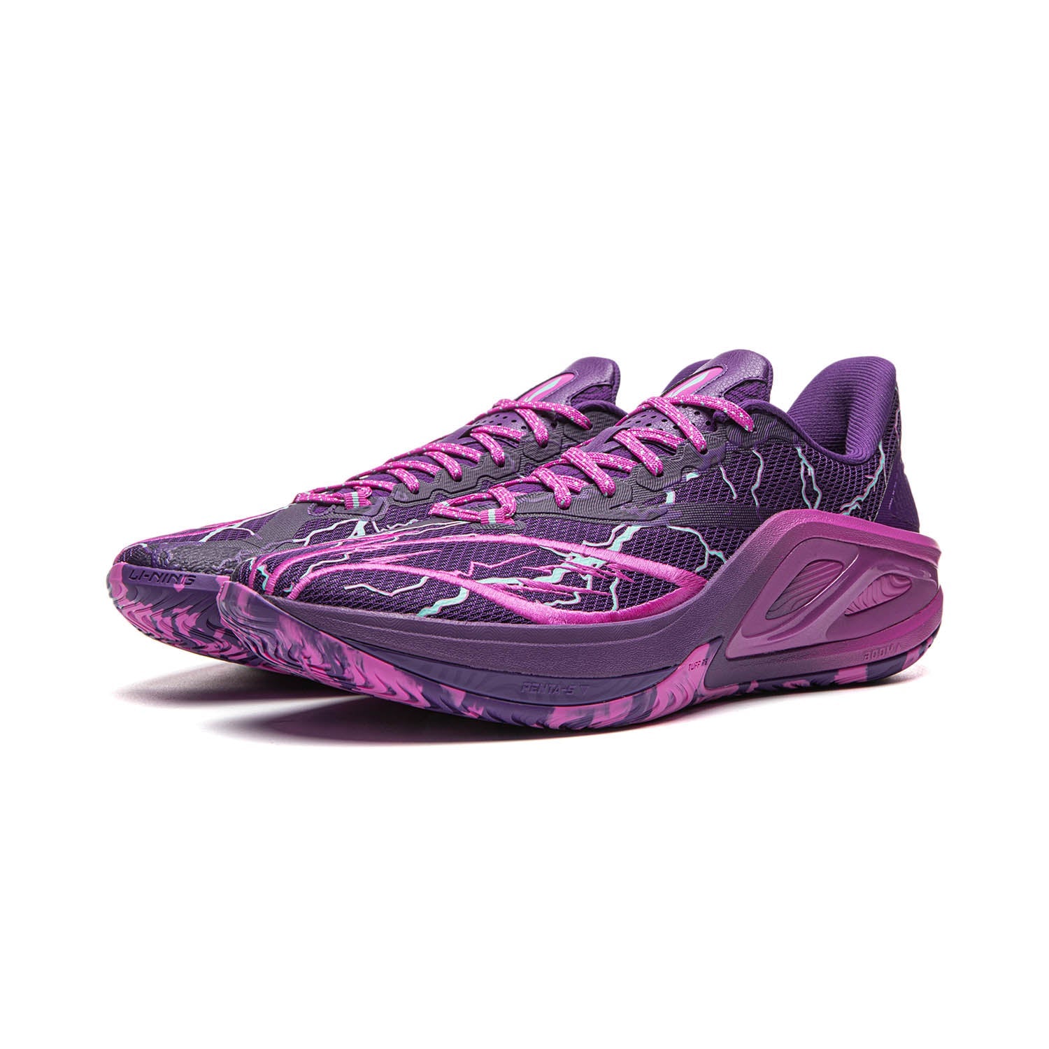 Men's purple basketball shoes, front-angled view, pink laces and lightning print
