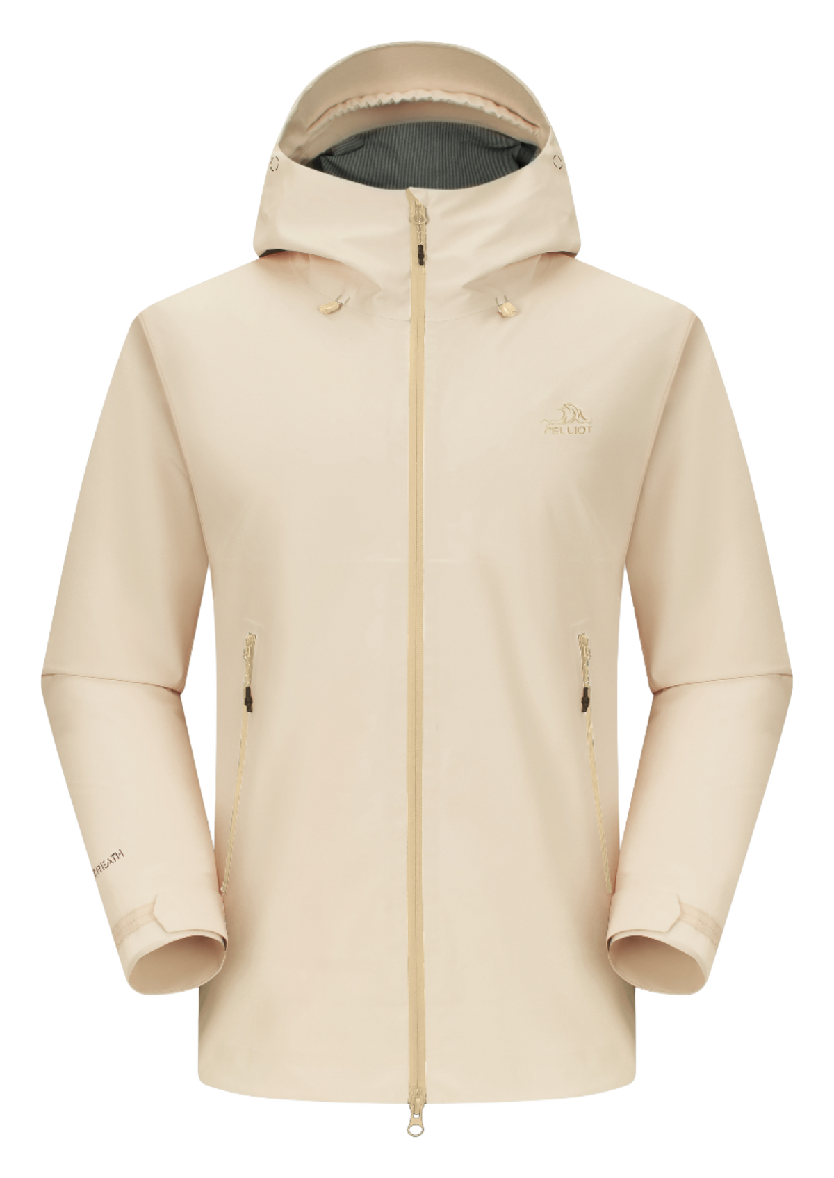 Unisex rock shell hard shell windbreaker jacket with attached hood, zip front, beige.