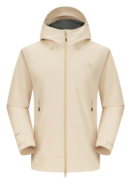 Unisex rock shell hard shell windbreaker jacket with attached hood, zip front, beige.