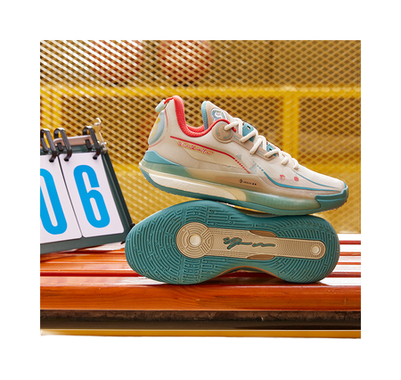 Unisex basketball shoe on court bench; oat beige, teal sole, red heel accent