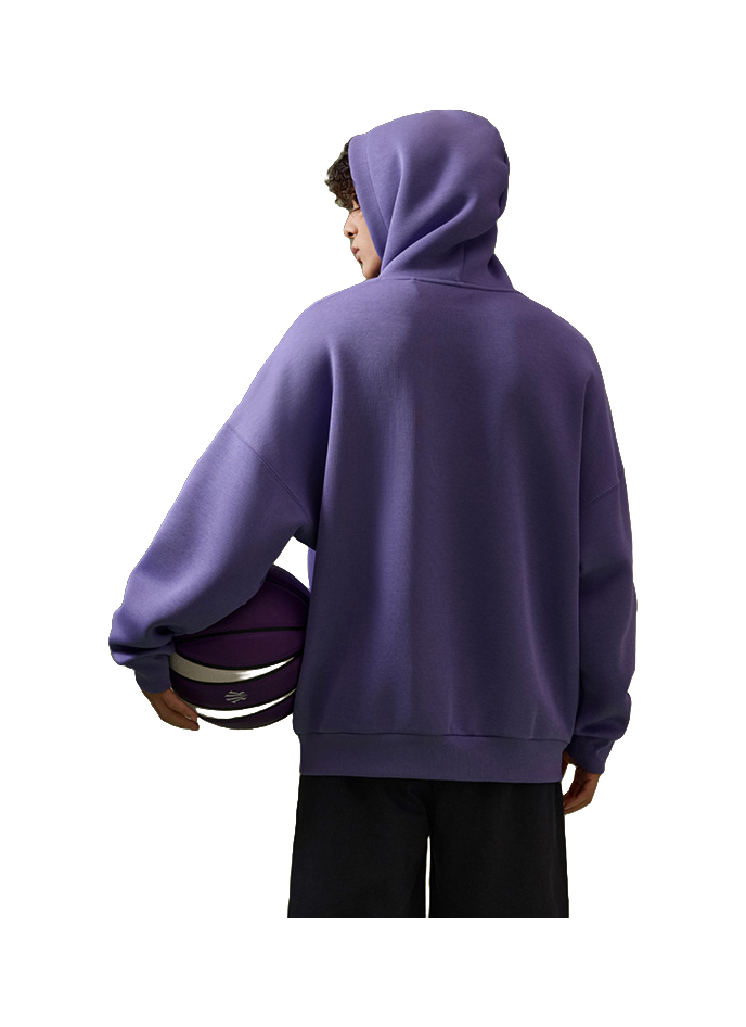 Purple unisex pullover hoodie sweatshirt on model, back view with hood and pocket hem
