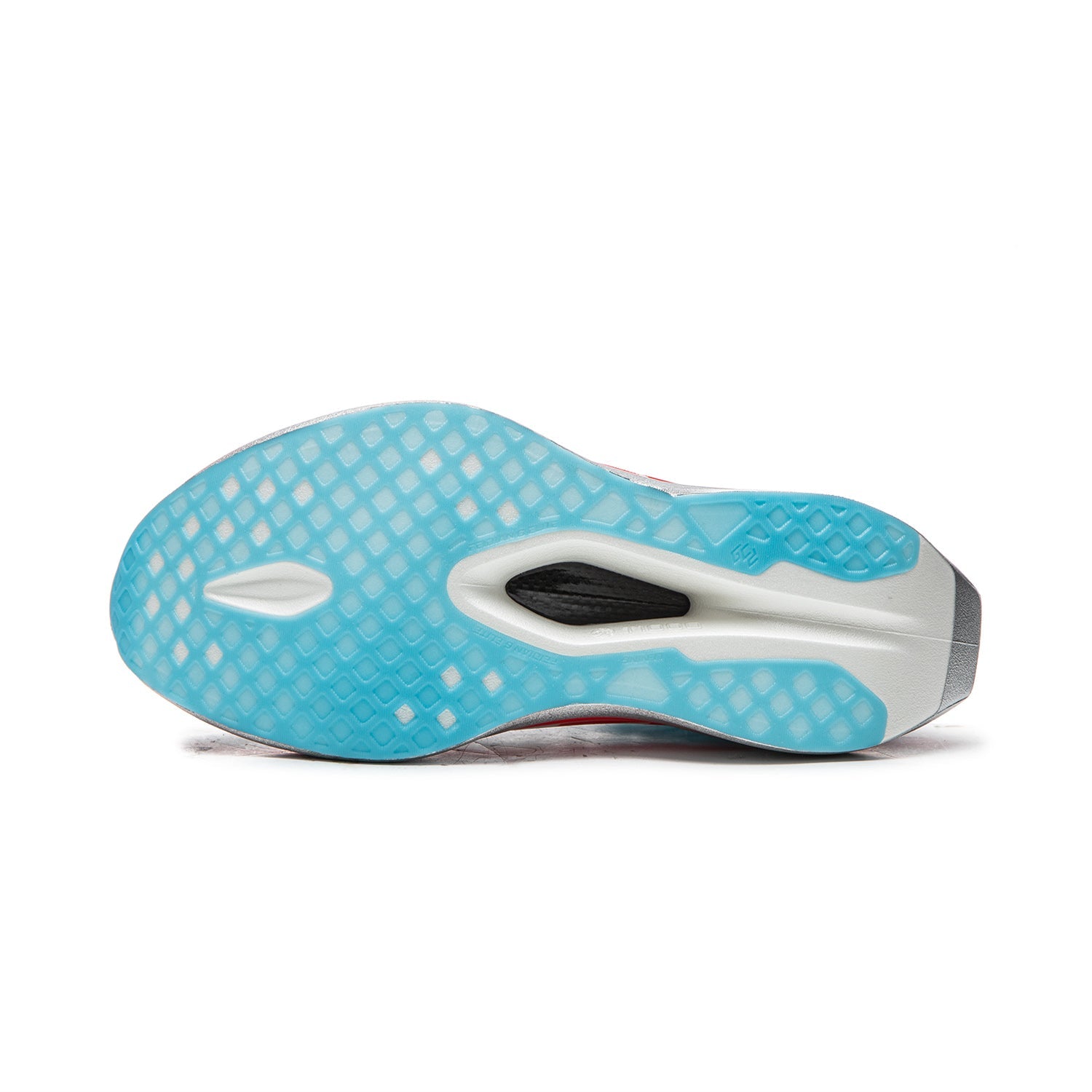 Unisex running shoe outsole, light blue tread with gray and black traction panels