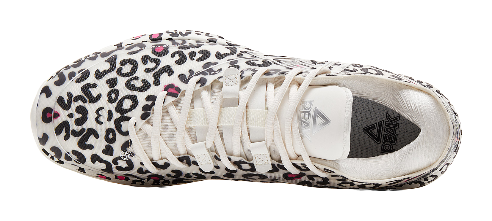 Lightweight basketball shoe, white fabric with black leopard print, laced front and tongue logo