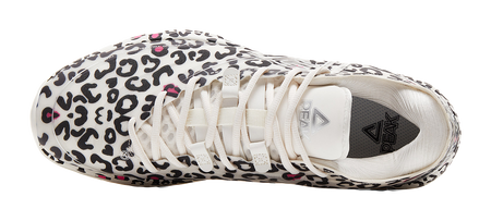 Lightweight basketball shoe, white fabric with black leopard print, laced front and tongue logo