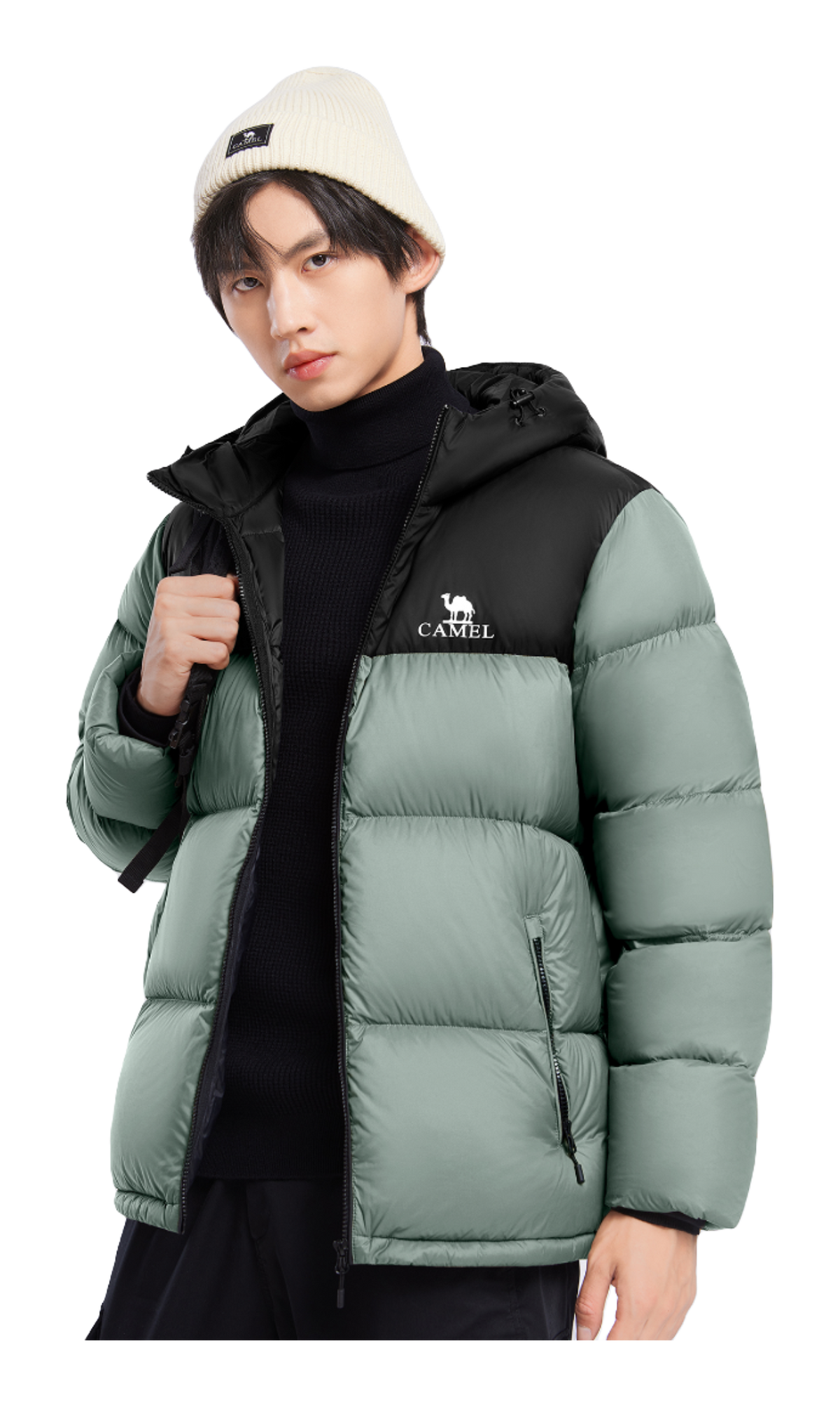 Two-tone down jacket with hood, front zipper, CAMEL logo chest pocket; sage green sleeves