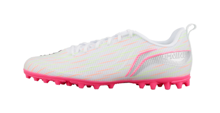 Youth multi-ground soccer shoe: pink studs, white laced knit upper